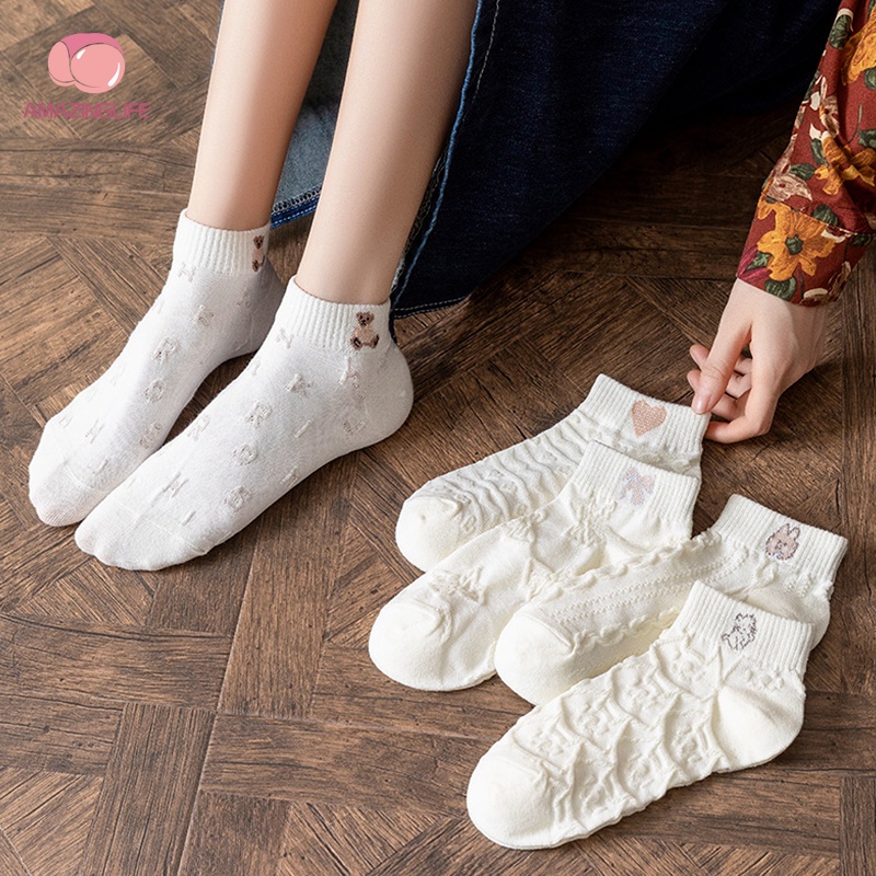 Vớ Trắng Thoáng Khí Co Giãn Mềm Mại Thân Thiện Với Làn Da Hình Gấu Dễ Thương Phong Cách Ngẫu Nhiên Mùa Hè Cho Nữ