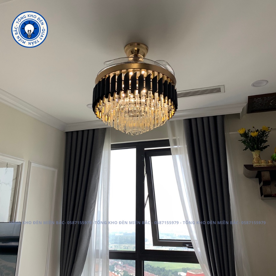 Quạt Trần, Quạt Trần Đèn Pha Lê Vàng Đen Trang Trí Phòng Khách Sang Trọng_BẢO HÀNH 10 NĂM