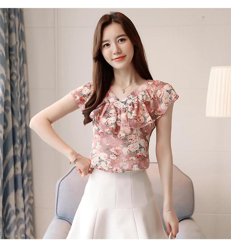 Áo Sơ Mi Chiffon Tay Ngắn Cổ Chữ V Dáng Rộng In Hoa Thời Trang Mùa Hè 2018 Phong Cách Hàn Quốc Cho Nữ