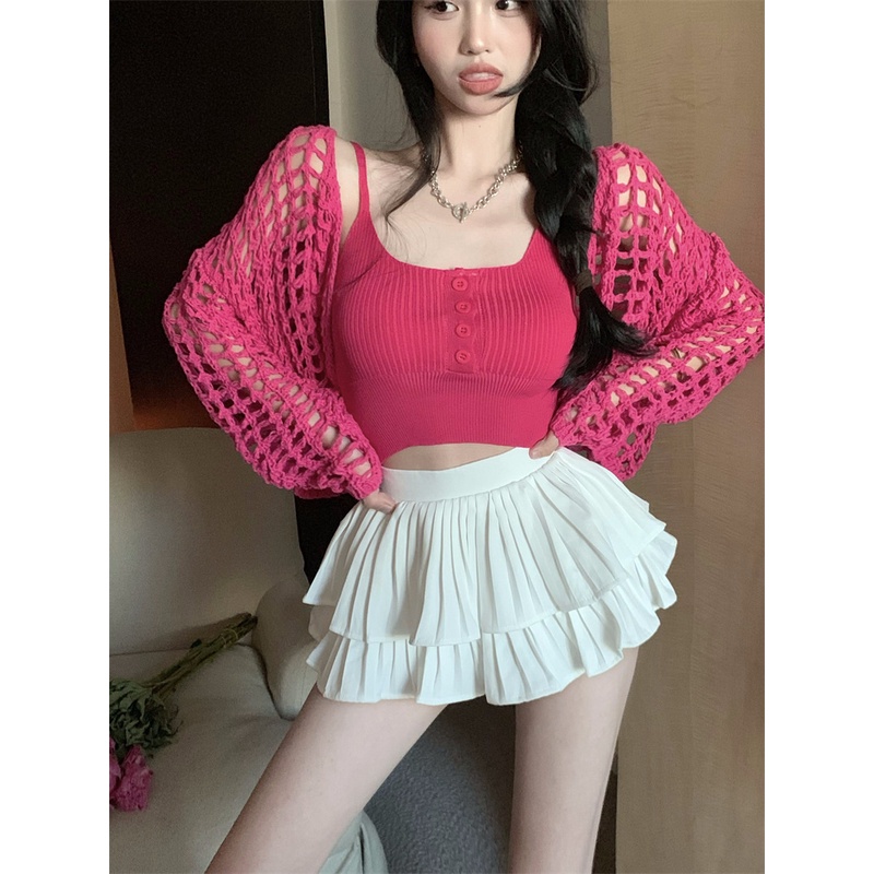 Set Áo Dây Dệt Kim + Áo Khoác cardigan Lưới Mỏng Dài Tay Chống Nắng Thời Trang Nữ
