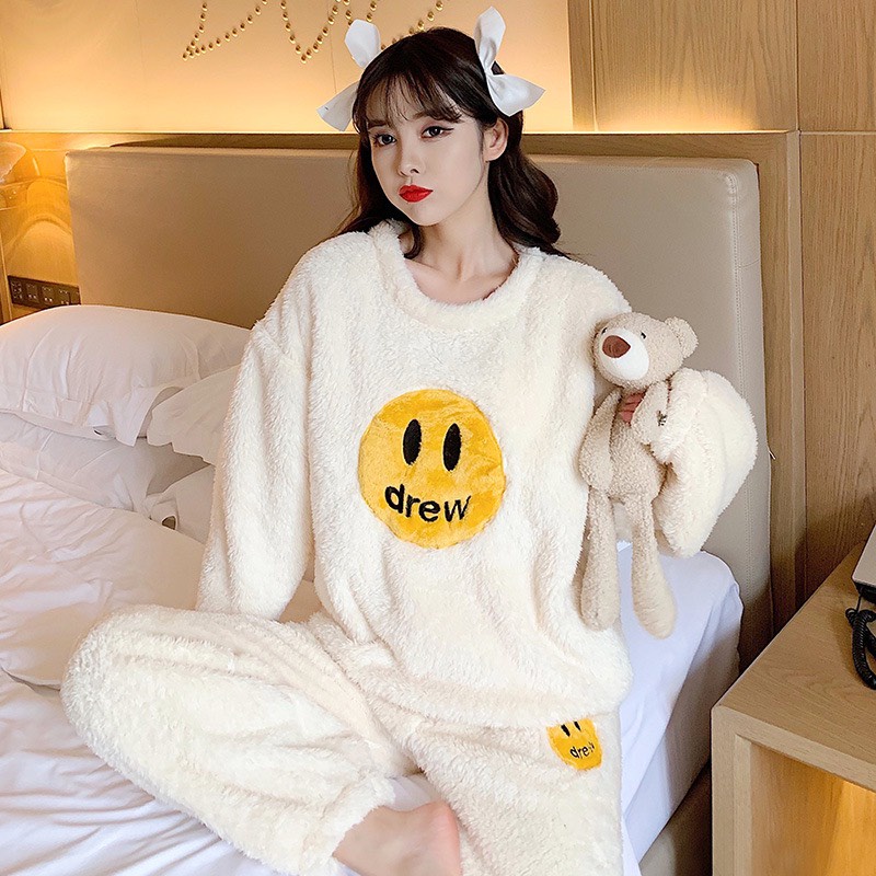 Set bộ nữ nỉ lông cừu hình mặt cười dreww siêu hot
