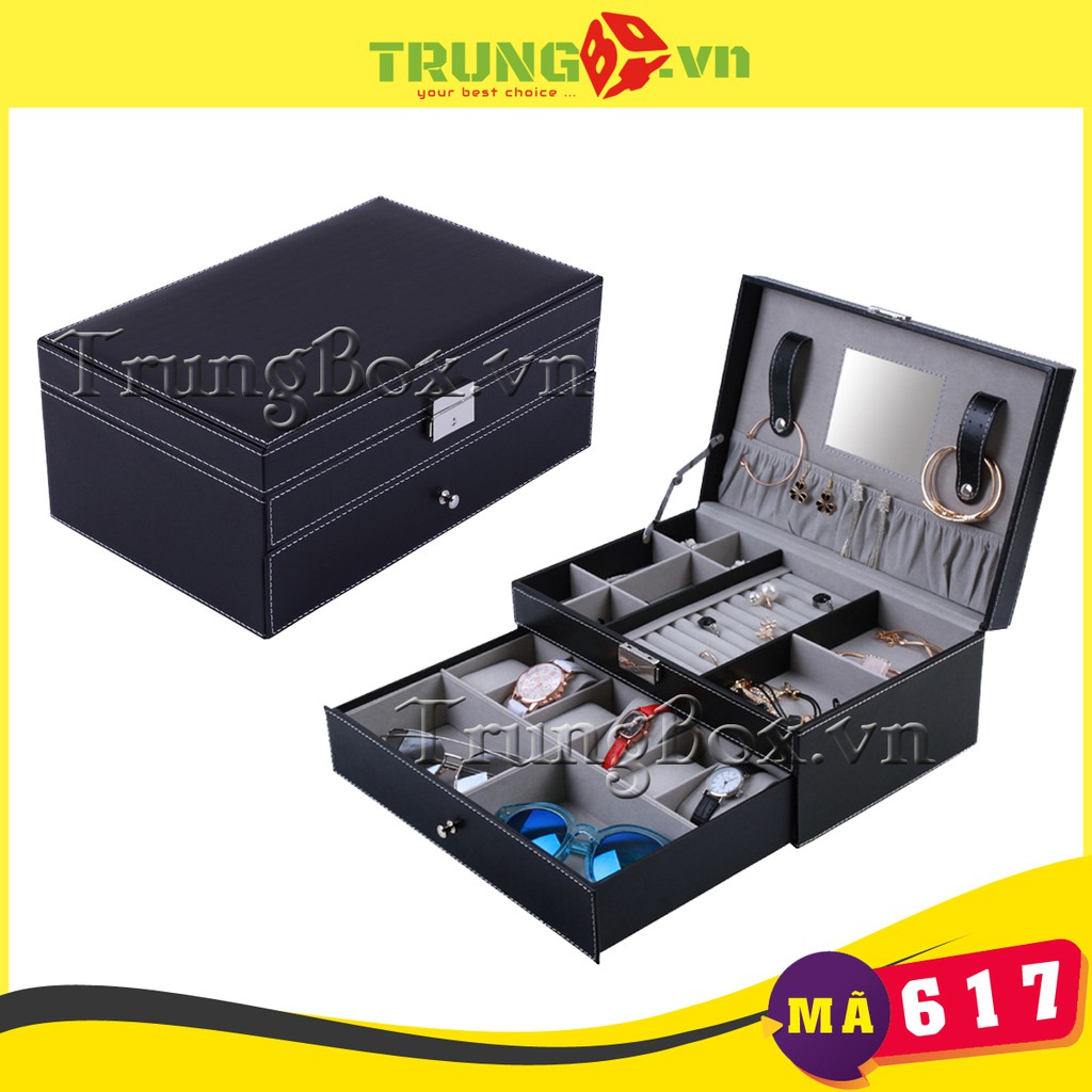 Hộp Đựng Đồng Hồ Trang Sức và Kính Mát 2 Tầng Vỏ Da - Mã 617