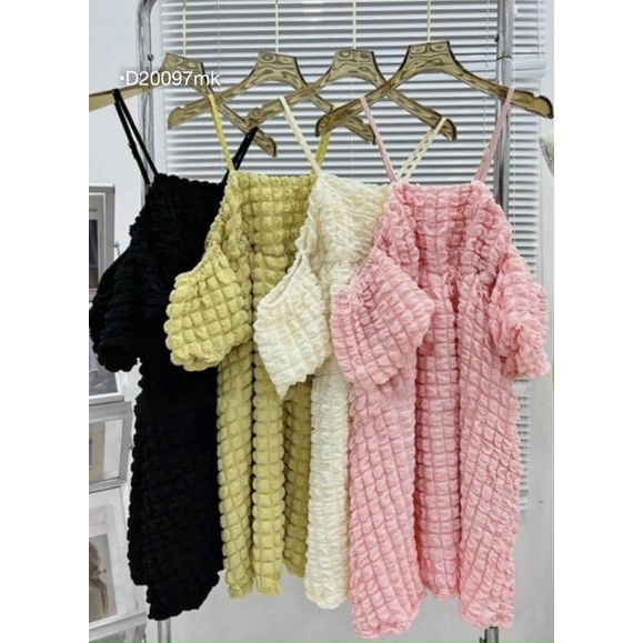 Đầm 2 Dây Babydoll Ulzzang Váy Xốp Trễ Vai Form Rộng Tay Bồng Tiểu Thư D35097X
