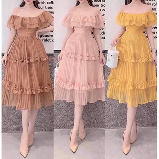 Váy dập ly trễ vai tầng 3 màu thiết kế cưc xinh