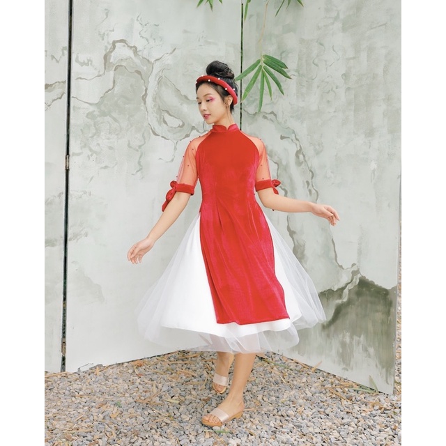 ÁO DÀI TẾT - LITTLE BOW AODAI - ÁO DÀI CÁCH TÂN TAY NƠ ĐÍNH CƯỜM