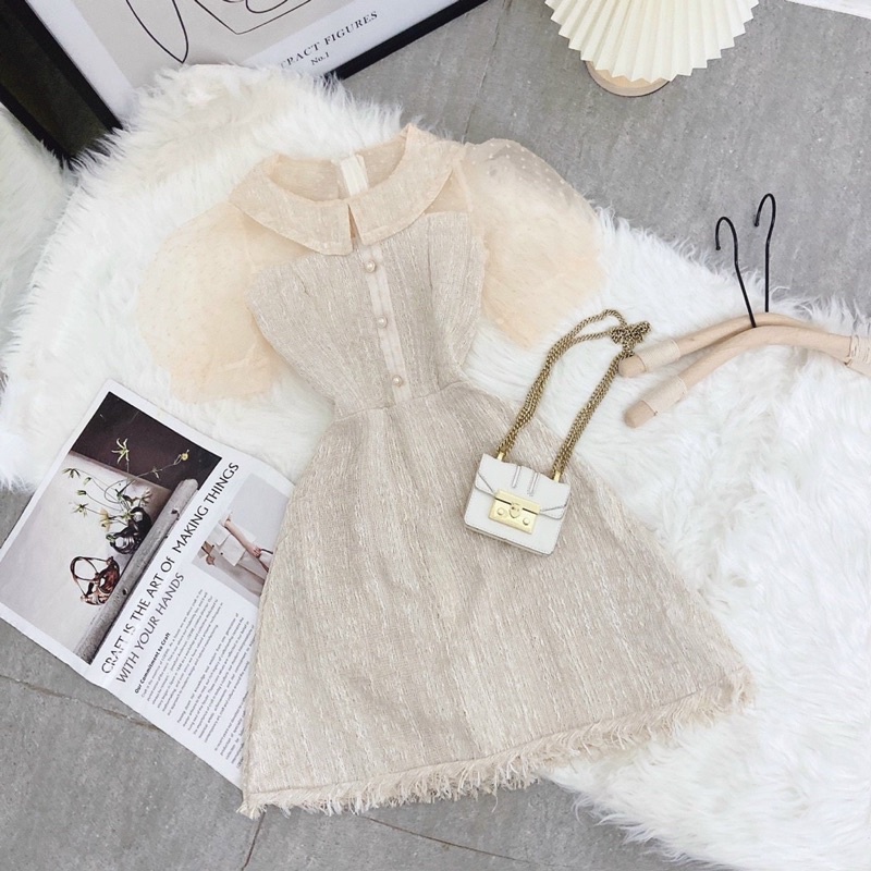 ĐẦM NUDE DẠ PHỐI TAY VOAN CỔ SEN