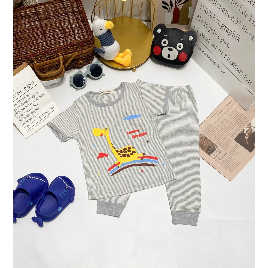 Bộ Tay Ngắn Quần Dài MINKY MOM COTTON HÀN Vải Sọc In Hình Ngộ Nghĩnh Cho Bé TN-IN114