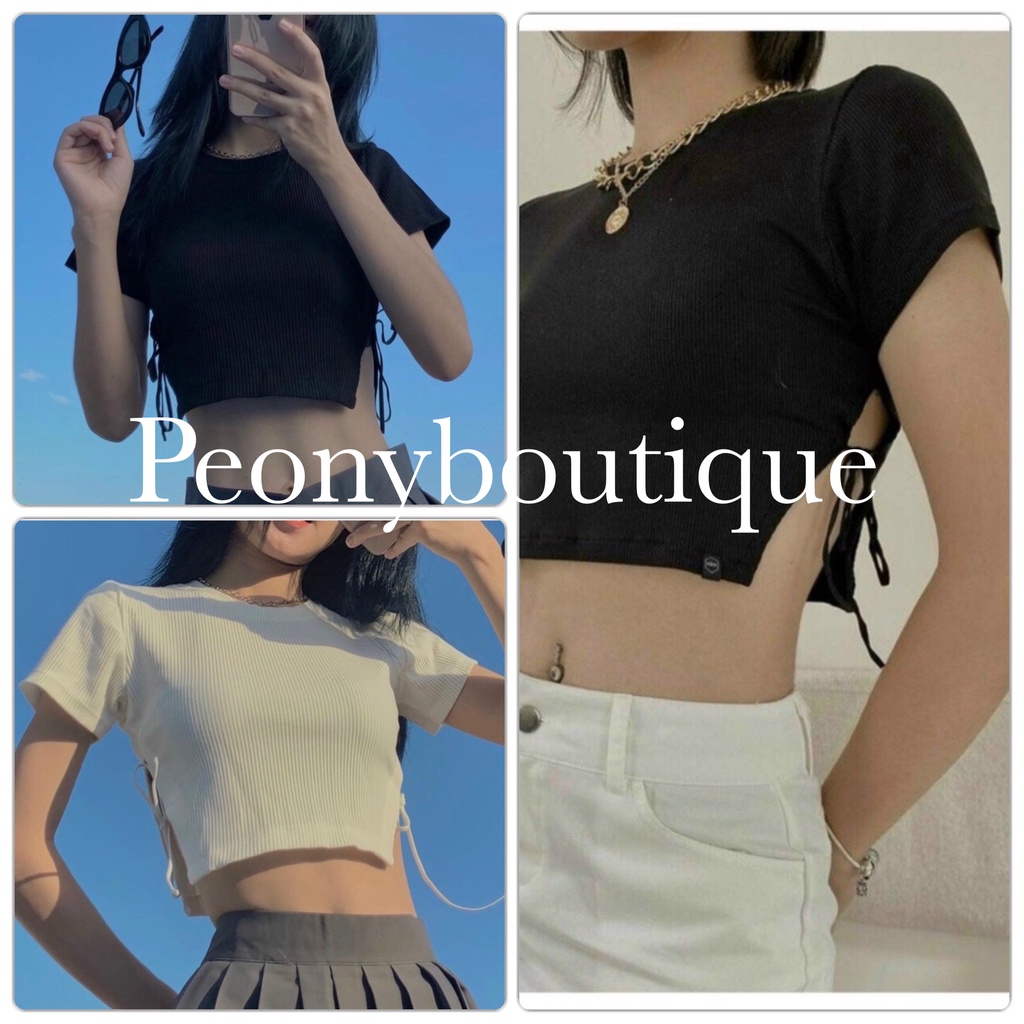Áo Croptop 2 Mảnh Phối Dây Eo PEONYB Nữ [FREESHIP]  Thun kiểu cộc tay dáng ngắn ôm body cánh tính hàn quốc Ulzzang
