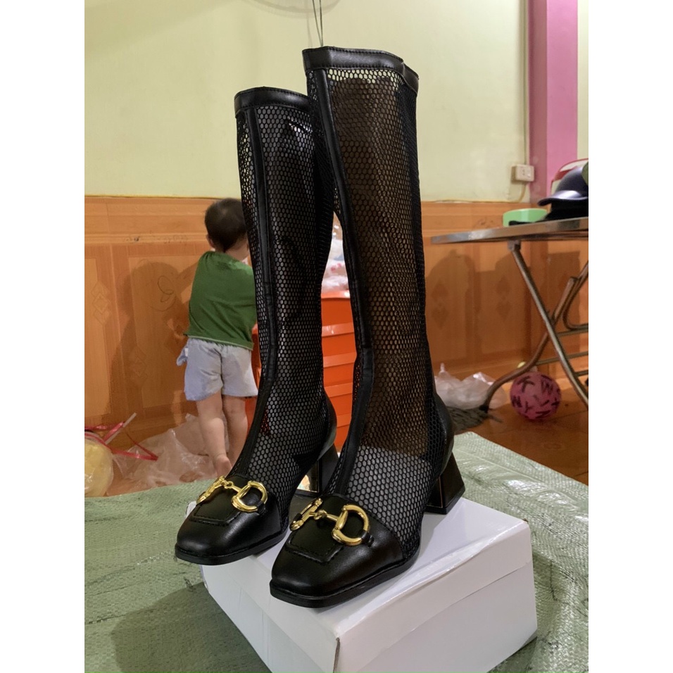 Sẵn Bốt lưới đùi mũi da vuông gót 5cm 2 kiểu ngắn dài  Fullbox | BigBuy360 - bigbuy360.vn