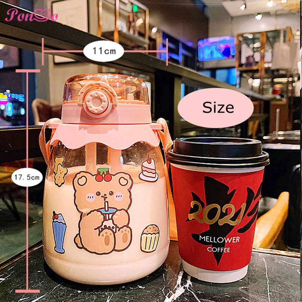 Bình Nước Hoạt Hình Dung Tích 1300ml Có Dây Đeo Tích Hợp Ống Hút Kèm Nhãn Dán Siêu Dễ Thương