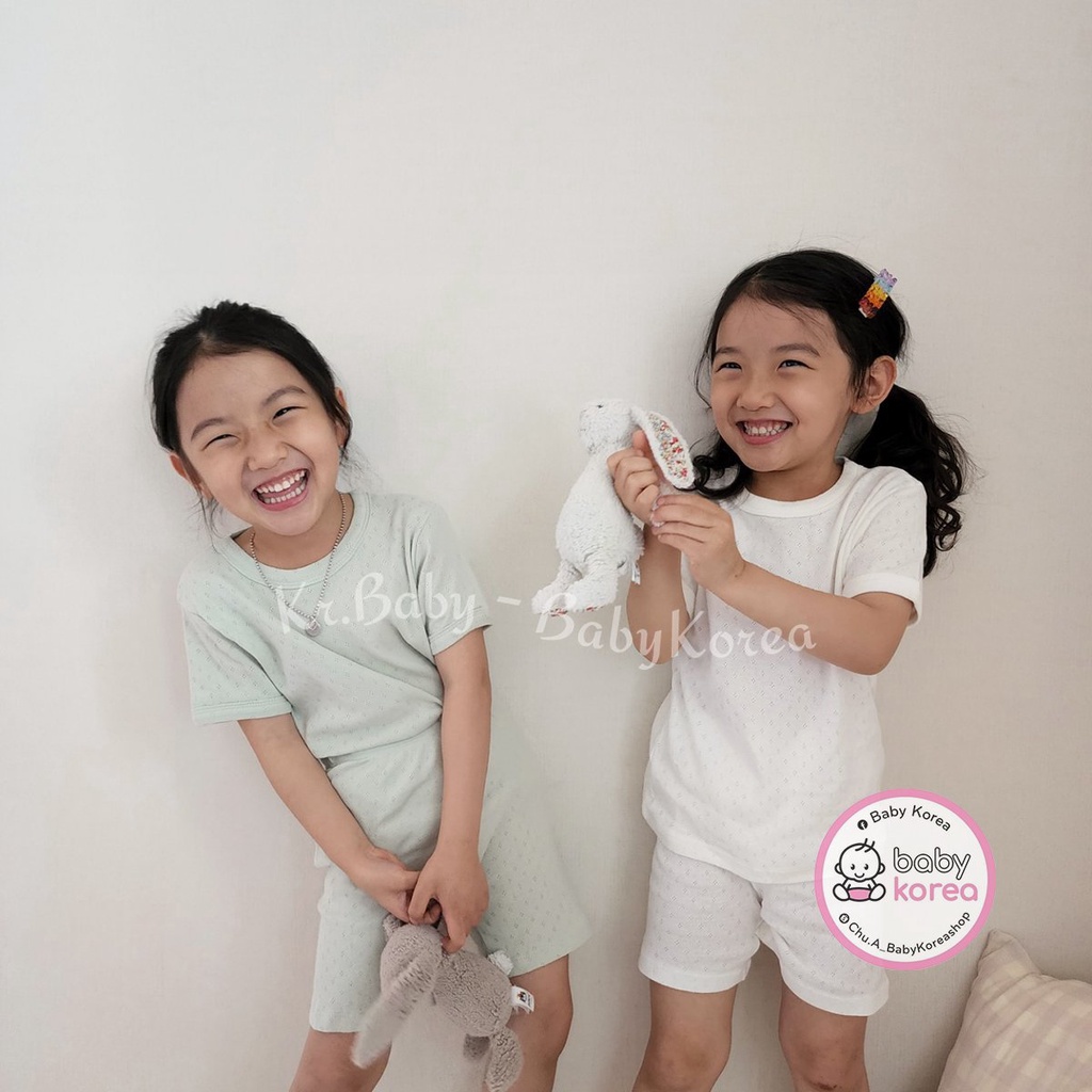 Bộ quần áo cộc cotton xước lỗ trái tim mát mẻ co giãn HEREIAM made in Korea cho bé thời trang trẻ em BABYKOREA