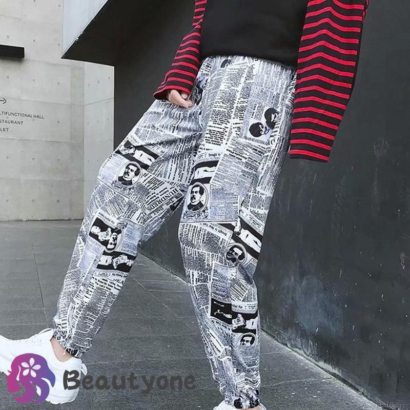 Quần dài lưng thun rút dây họa tiết báo chí phong cách Hàn Quốc cho nữ