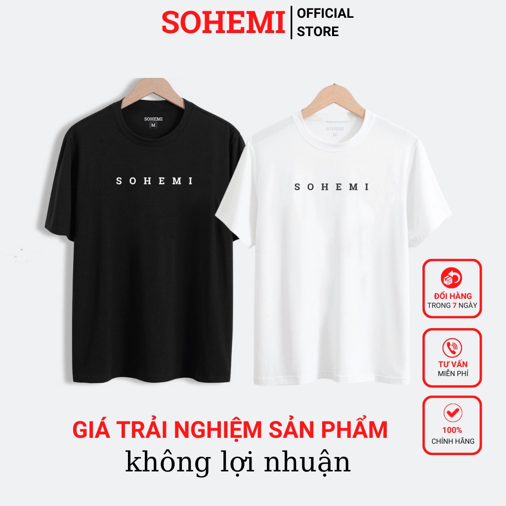 Áo thun nam in logo SOHEMI đen trắng cổ tròn vải cao cấp co giãn 4 chiều