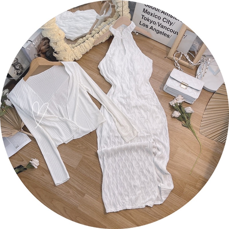 SET ĐẦM MIDI CỔ YẾM TÀU XỐP + ÁO KHOÁC SỌC