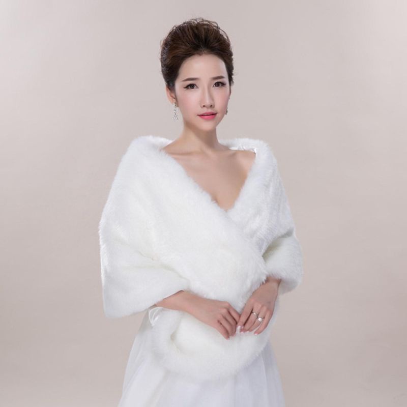 AUTU Áo choàng lông dày trễ vai màu trắng trang trọng cỡ lớn mùa đông cho cô dâu tiệc cưới