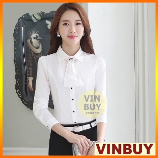 Áo sơ mi trắng nữ kiểu tay dài chất vải mềm mát may rất kỹ kèm nơ nút đẹp