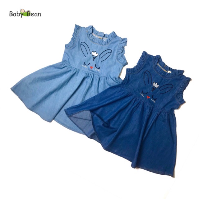 Đầm Jeans Cổ Bèo thêu Thỏ bé gái BabyBean