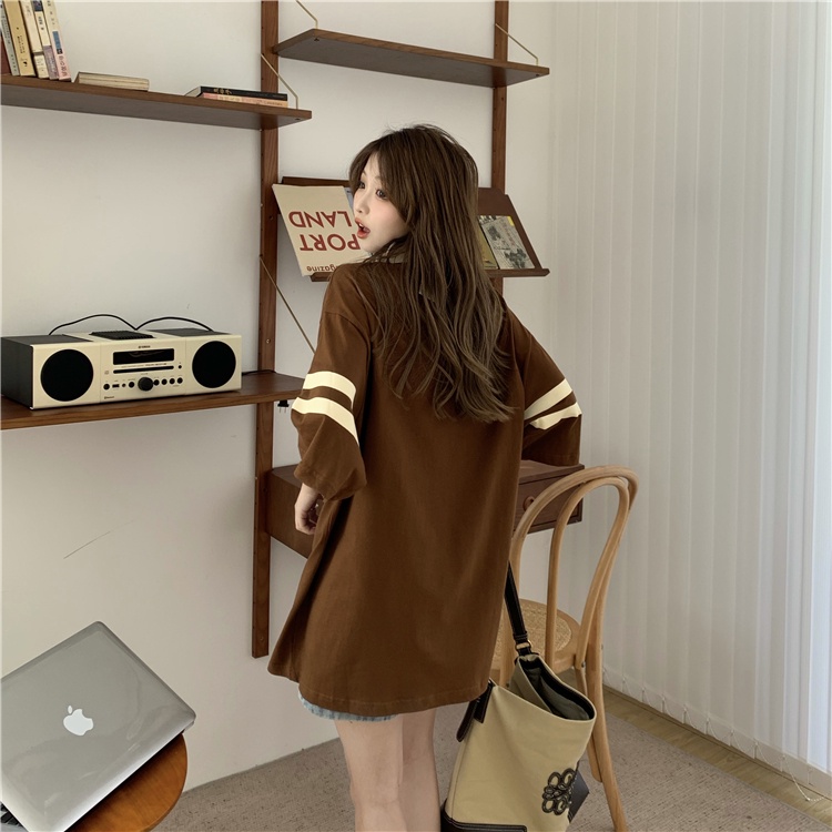 Áo polo Tay Ngắn Dáng Rộng Họa Tiết Kẻ Sọc In Chữ Phong Cách Hàn Quốc Thời Trang Cho Nữ