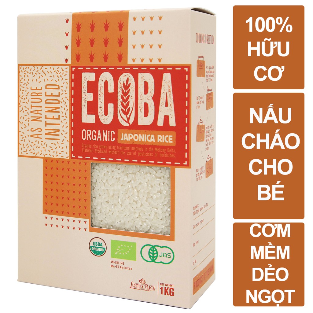 Gạo Nhật nấu cháo cho bé 100% hữu cơ - ECOBA Sakura 1kg - Thơm mềm dẻo ngọt - Chứng nhận hữu cơ quốc tế in trên hộp