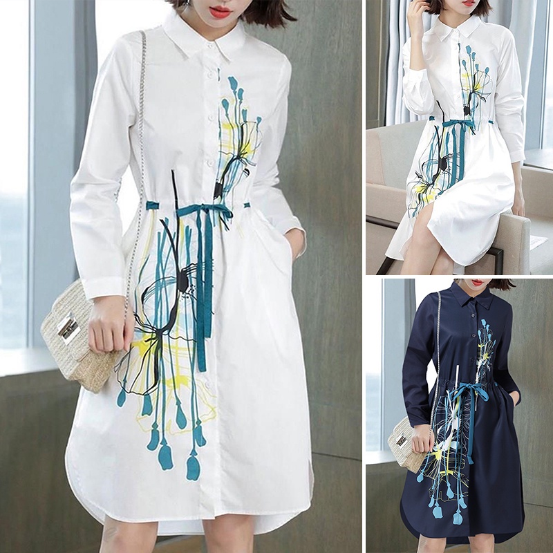 Đầm midi ZANZEA tay dài cổ bẻ thắt eo in họa tiết thời trang cho nữ