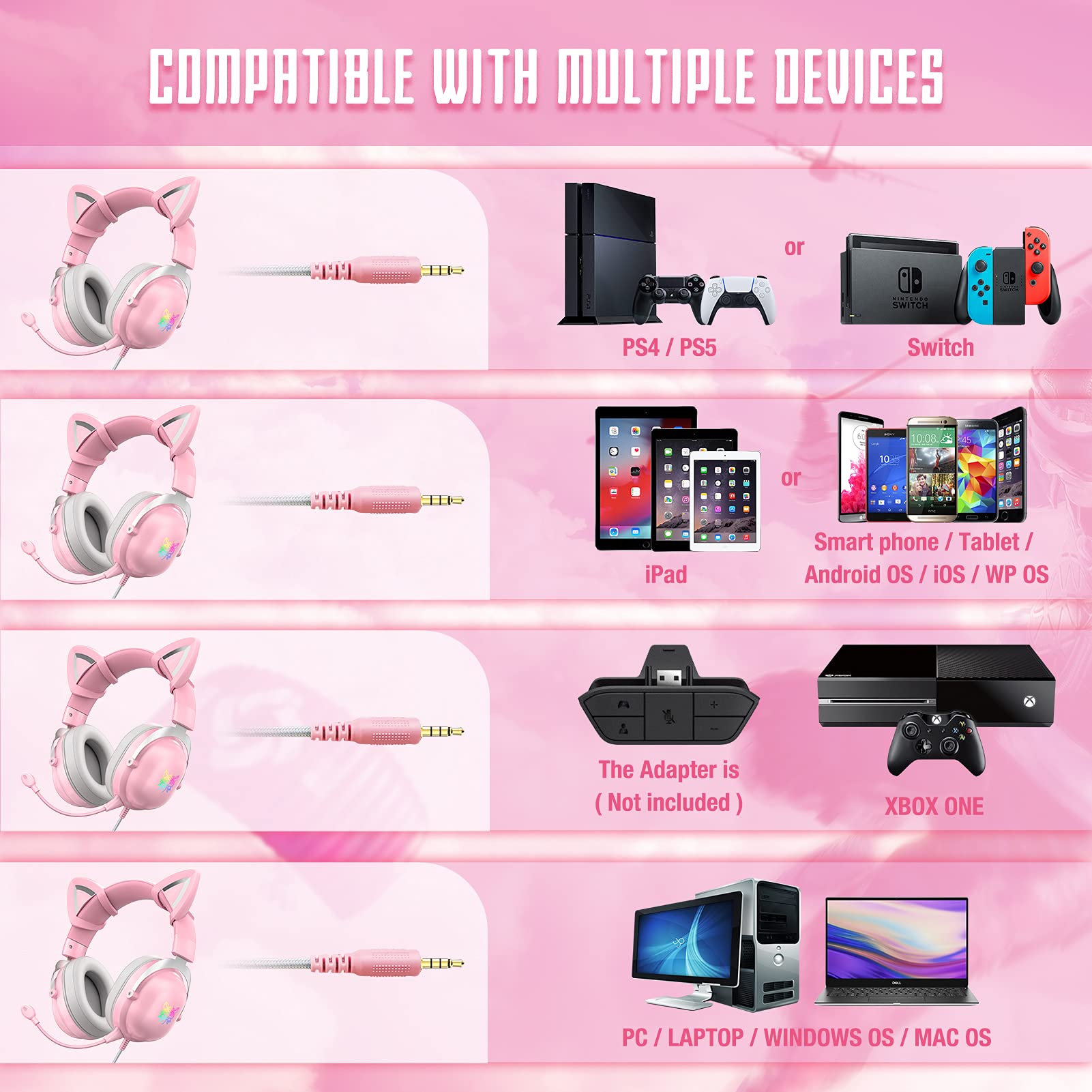 Tai nghe chơi game có mic ONIKUMA X11 màu hồng tai mèo cho điện thoại /máy tính xách tay/ Pc / Ps4/Xbox Bảo hành 2 năm