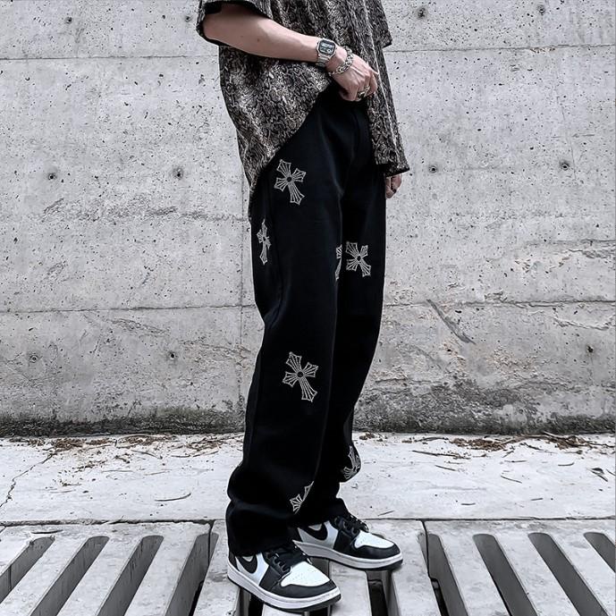 Quần jean ống suông rộng nam nữ unisex họa tiết thánh giá hà nội hcm Pon.mens