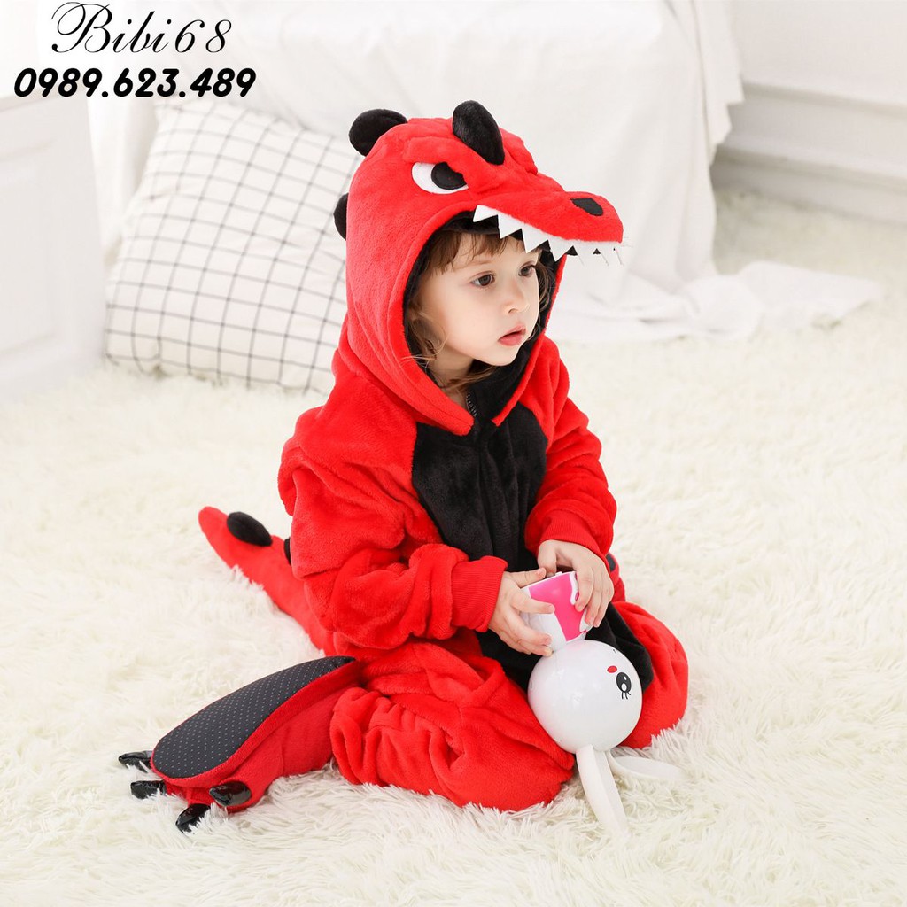 Bộ Đồ thú Khủng Long đỏ liền thân lông mịn Pijama dành Cho Người Lớn và Trẻ Em kiểu dáng Động Vật Hoạt Hình Cosplay