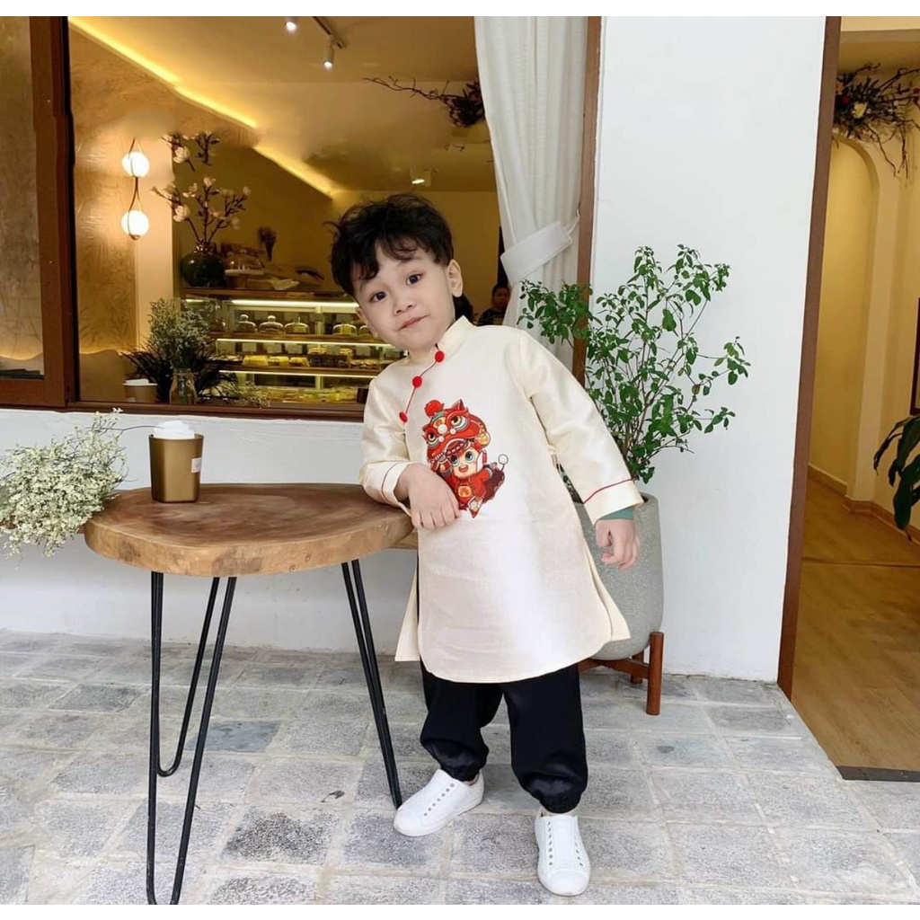 Áo dài cách tân bé trai thêu hình Lân sư chất liệu tafta cao cấp - L04