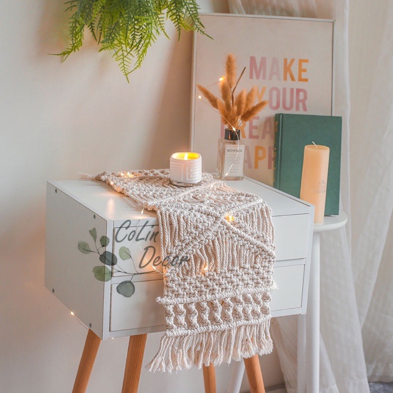 Thảm macrame trải bàn, bàn trang điểm trang trí decor vintage