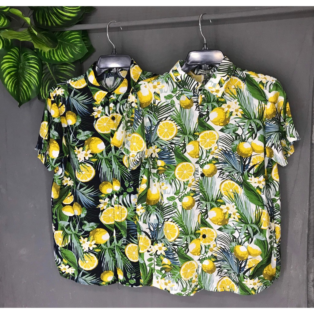 Áo Sơ Mi Hawaii Chanh Trắng/ Đen