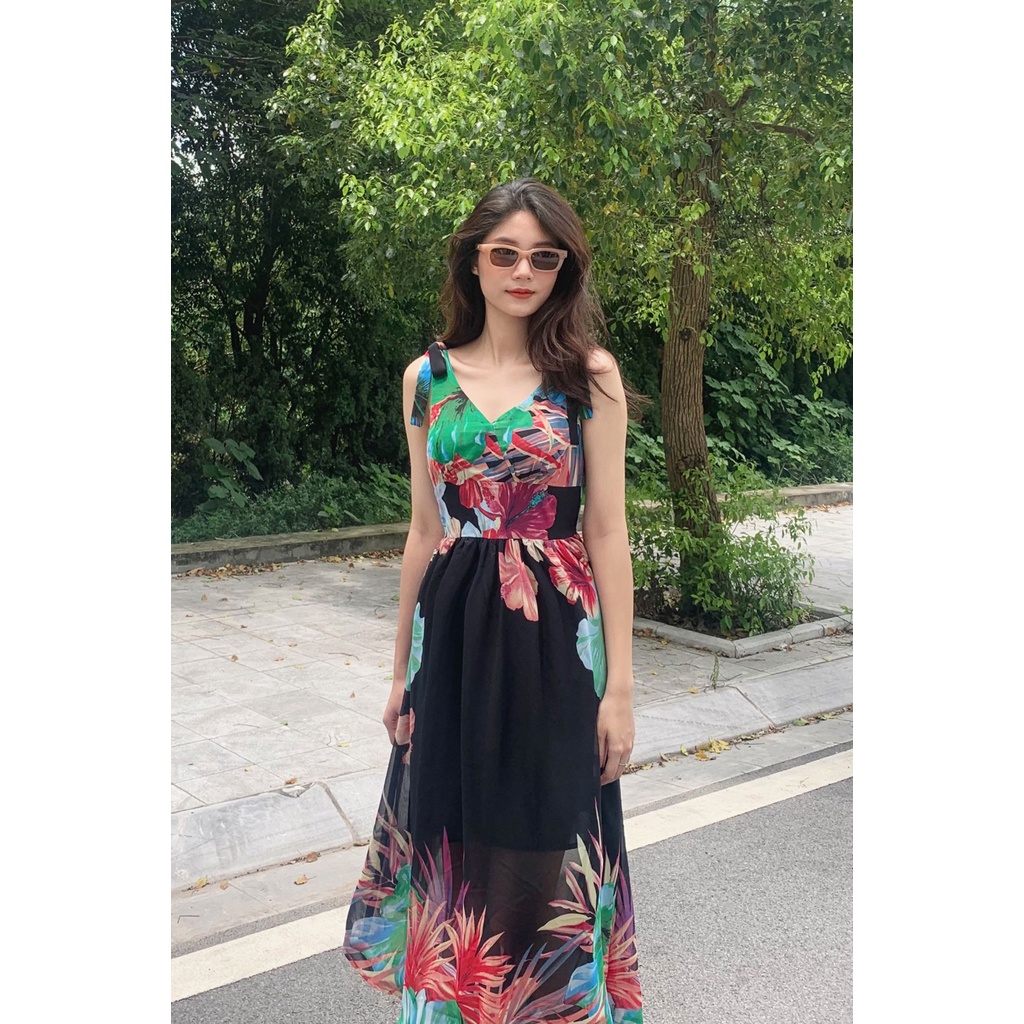 Đầm Maxi Nữ LAMER Nơ Vai Nhún Ngực L63M22H034