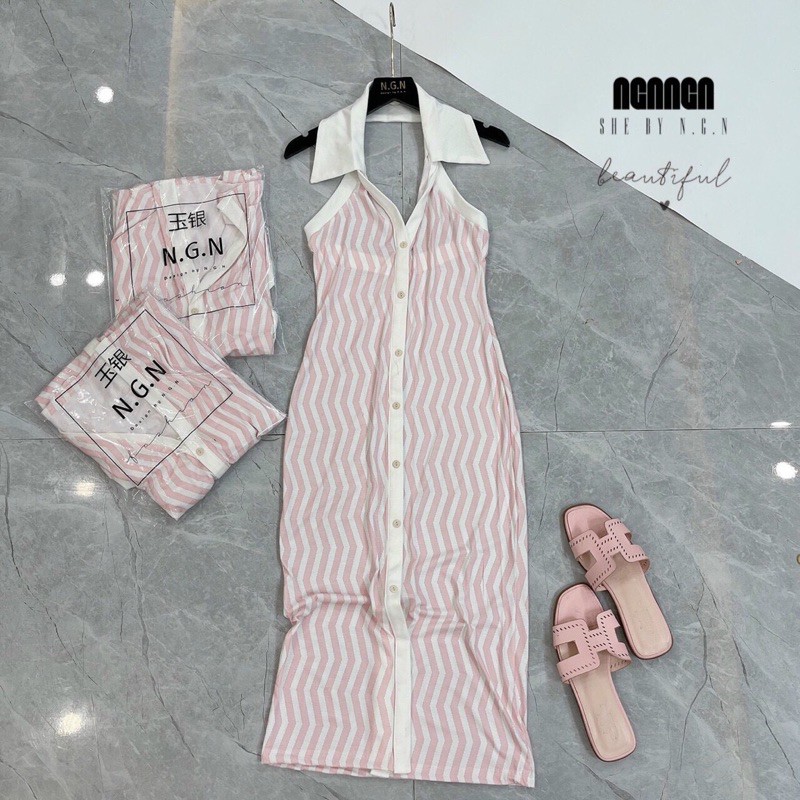 Váy body cổ yếm kẻ