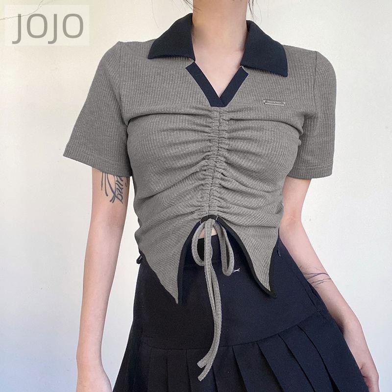 Áo Thun Tay Ngắn Cổ Chữ v Phối Dây Rút Phong Cách Retro Mỹ Màu Sắc Tương Phản Thời Trang Mùa Hè Cho Nữ