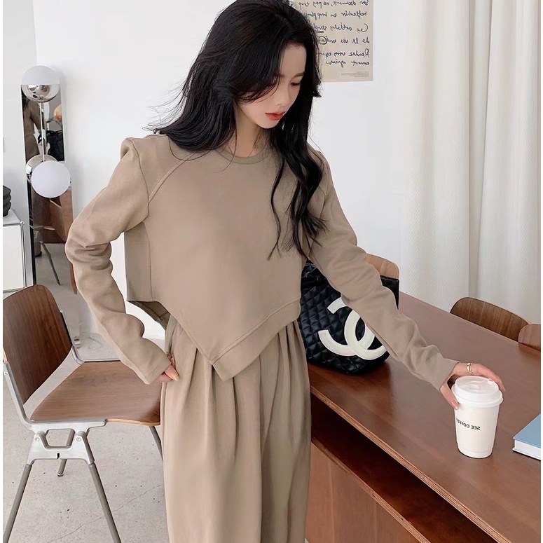 ZHELIHANGFEI Set Áo Thun Tay Dài Phối Quần Dài Lưng Cao Ống Rộng Thời Trang Cá Tính Cho Nữ