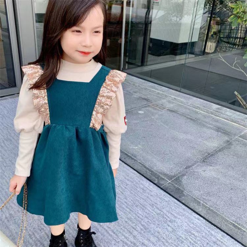 Set 2 món đầm tay phồng đính nơ + áo sơ mi cho bé gái
