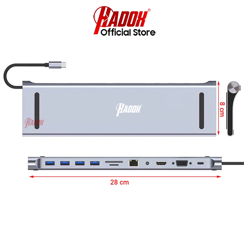 Hub Type C 11in1 - Bộ cổng chuyển đổi HUB USB Type-C to HDMI, VGA, USB 3.0, SD, TF, PD, LAN, Audio cho Laptop, Macbook