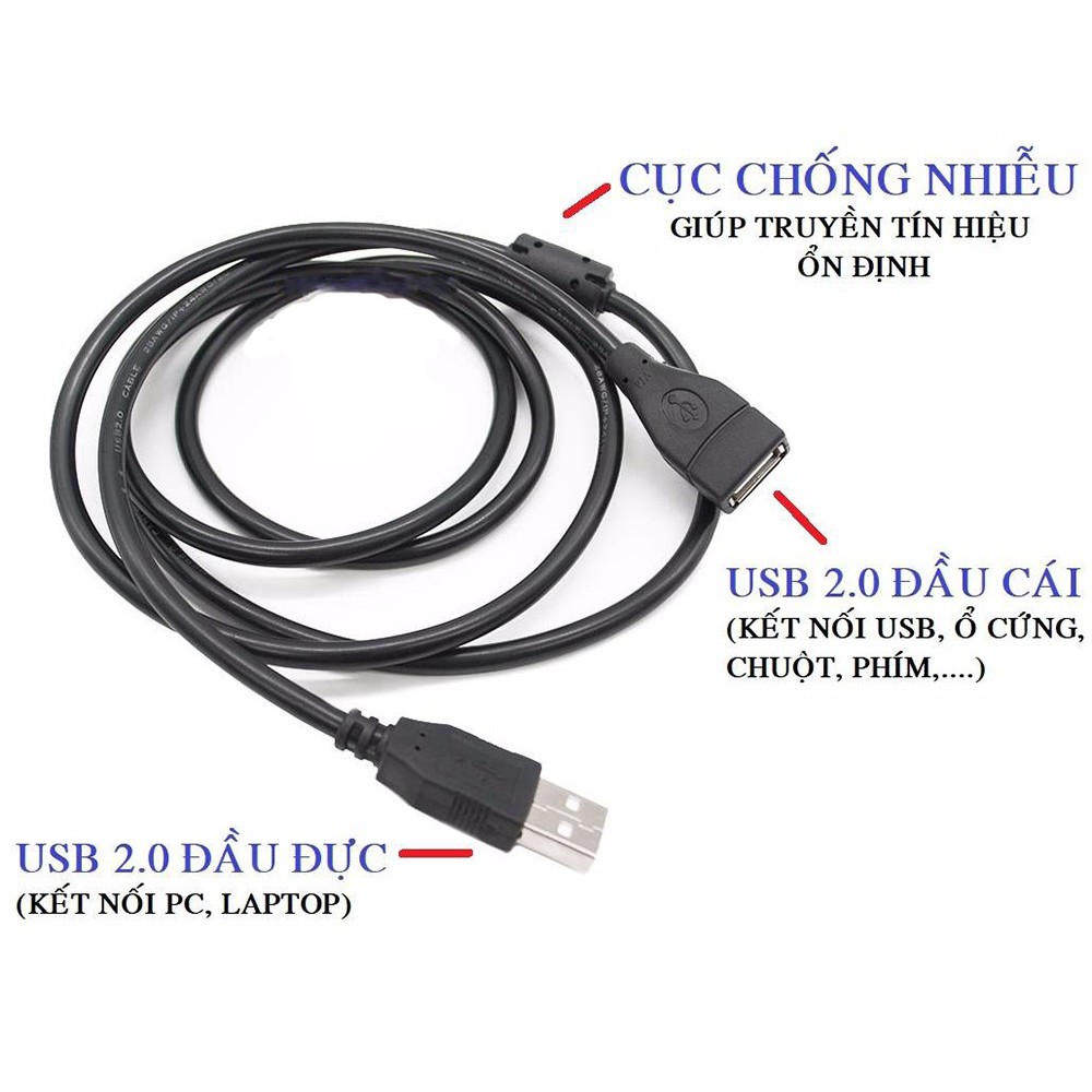 CÁP USB NỐI DÀI CHỐNG NHIỄU TỐT VERSION 2.0 DÀI 1,5 MÉT, 3 MÉT, 5 MÉT MÀU ĐEN MỘT ĐẦU ĐỰC MỘT ĐẦU CÁI