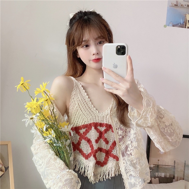 💥Áo 2 dây 2s len móc tua rua đi biển thêu chữ X