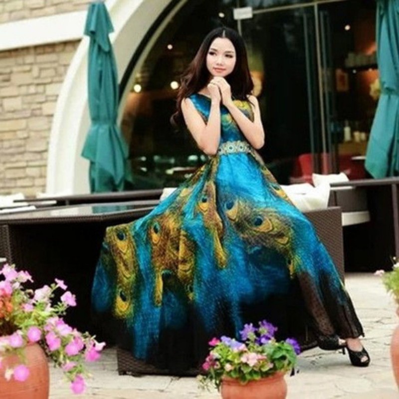 Đầm dài sát nách trang trí hình đuôi công thời trang kèm thắt lưng | BigBuy360 - bigbuy360.vn