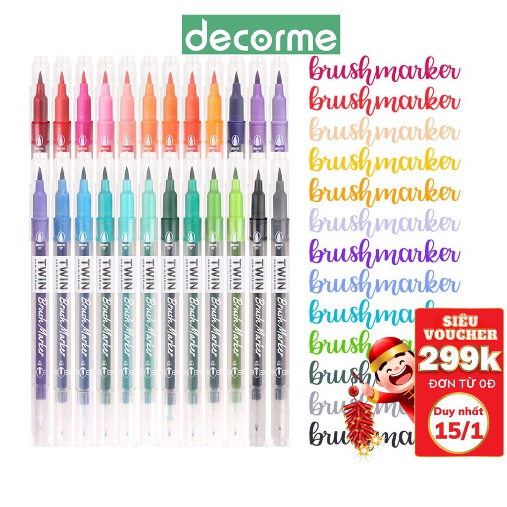 Bút Dual Brush Marker 24 màu Twin DecorMe dùng để viết calligraphy trang trí sổ tay bullet journal BDS