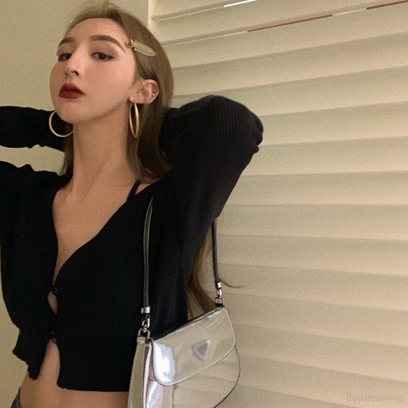 Áo Croptop Tay Dài Màu Trơn Cổ Chữ V Thời Trang Cho Nữ