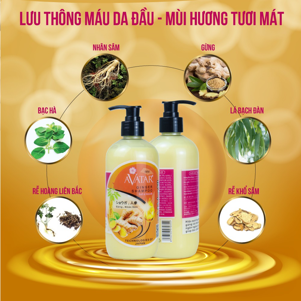 Dầu gội thảo mộc AVATAR Gừng &amp; Nhân Sâm 500ml Ngăn tóc gãy rụng Kích thích mọc tóc nhanh