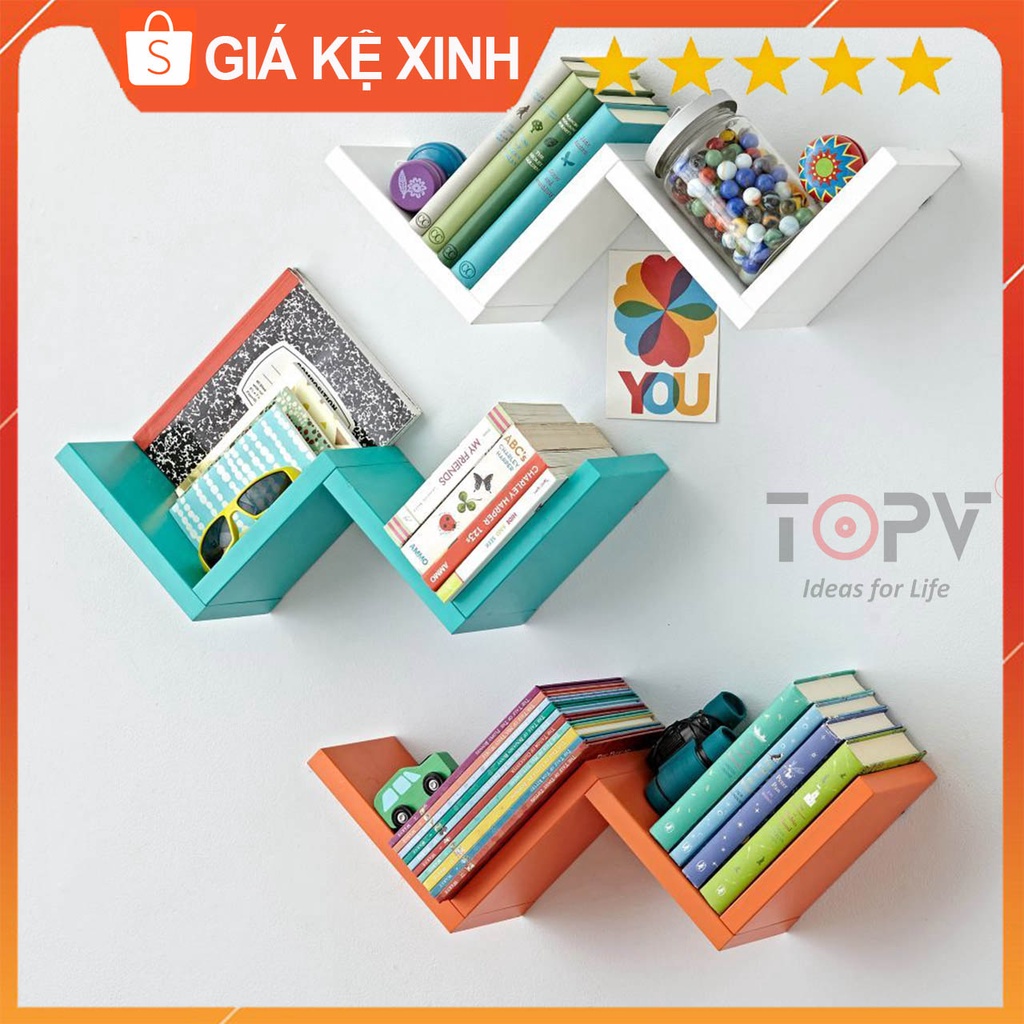 Kệ sách gỗ ziczac TopV giá treo tường tủ để đựng đỡ kê vở cho bé decor nhỏ mini giá rẻ 3 màu trắng, vân, đen
