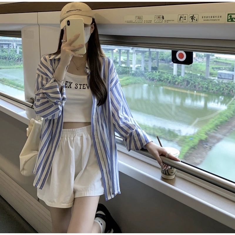 SET 3 MÓN:  SƠ MI KẺ SỌC + THUN CROP 2S TRẮNG  + SHORT