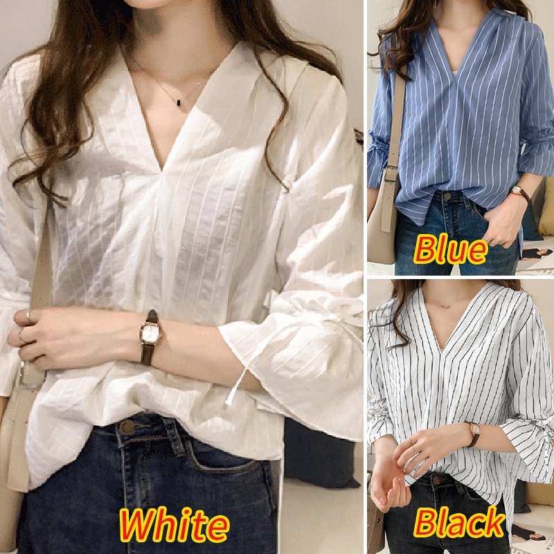 Áo kiểu ZANZEA cổ V tay áo 3/4 in sọc phong cách hè sành điệu cho nữ