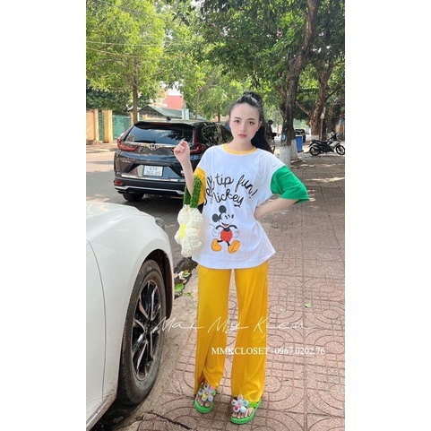 ( Xã kho)Set quần suông áo cotton micky phối viền xinh xắn