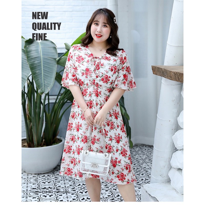 đầm xoè voan big size kem in hoa hồng cổ tim size 65-105kg