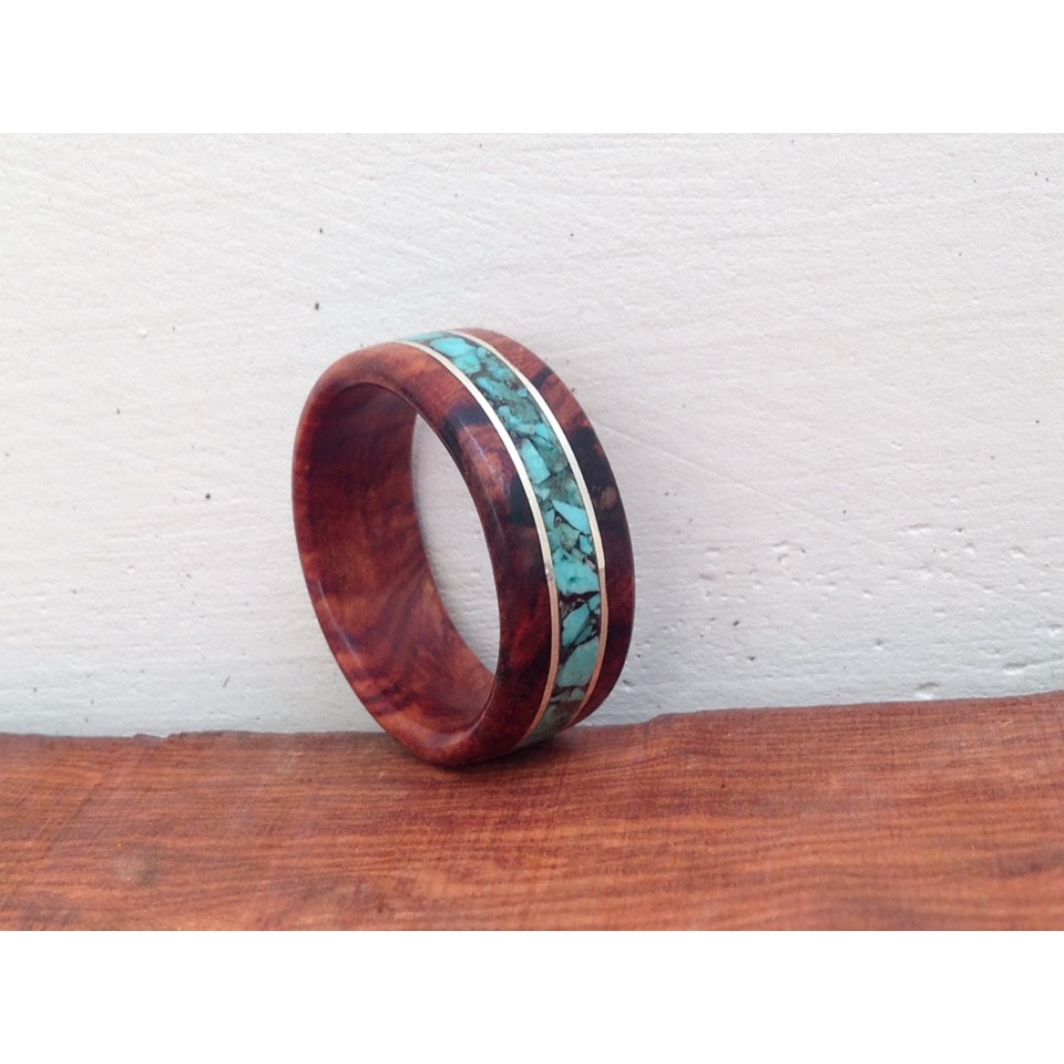 Nhẫn gỗ Cẩm Lai cẩn đá Turquoise , bạc