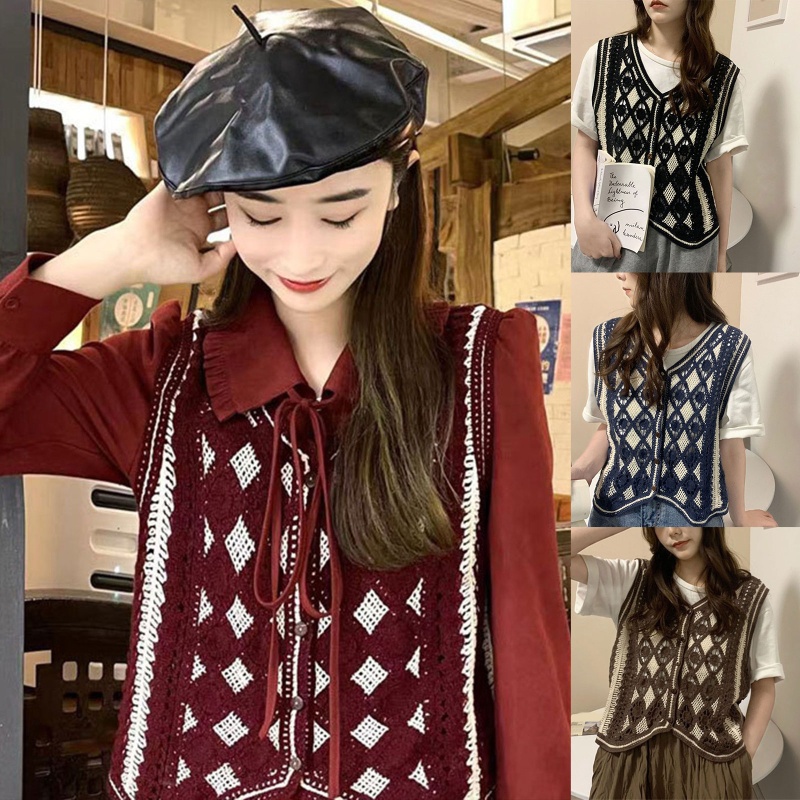 Áo Dệt Kim Sát Nách Cài Khuy In Họa Tiết Caro Trẻ Trung Cho Bạn Gái