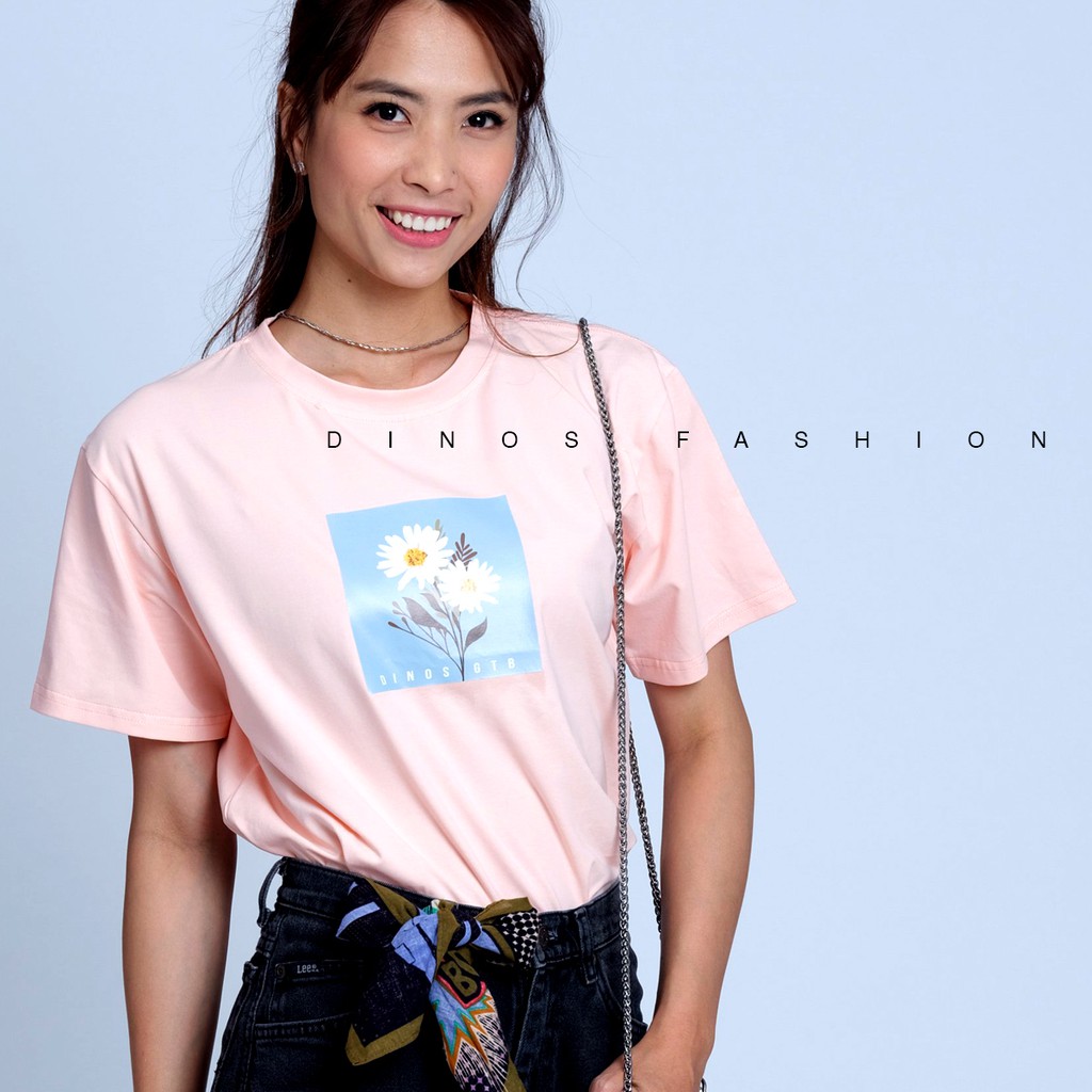 Áo thun nữ vải cotton mềm mịn tay ngắn form rộng in hoa cúc DINOS GTB